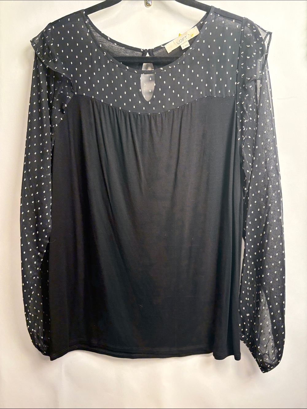 LOFT Black Polka Dot Mesh Sleeve Blouse